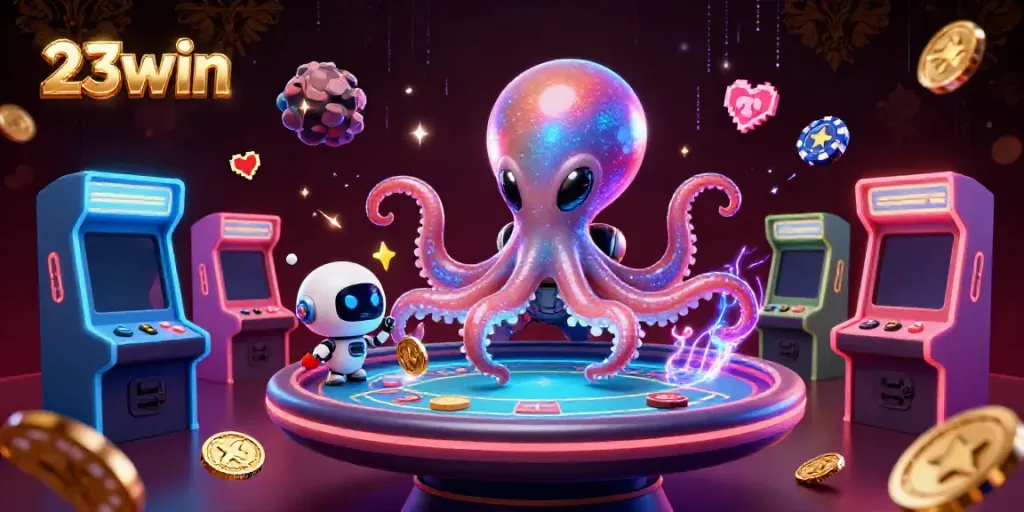 Action-packed scene of 23win's alien octopus and robot in a casino setting, engaging in poker.