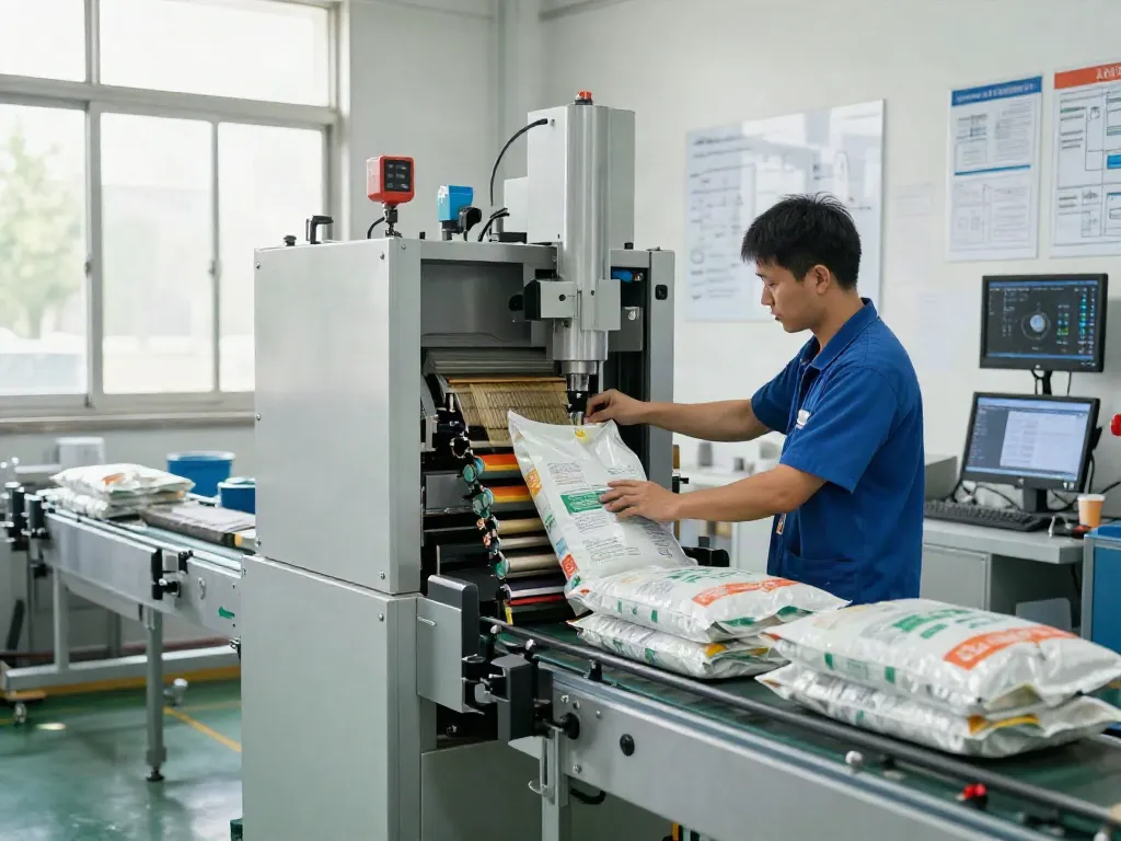 Technician operating advanced machinery for customized packaging solutions in a bright factory.
