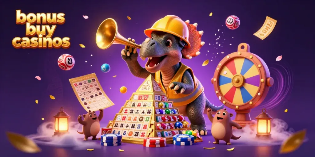 Experience the excitement of bonus buy casinos with vibrant 3D characters celebrating a jackpot.