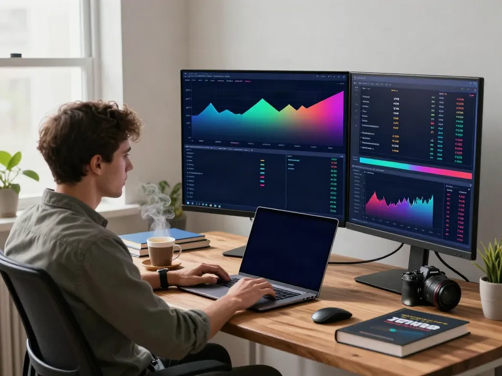 Trader analyzing TradingView charts in a modern home office setting.