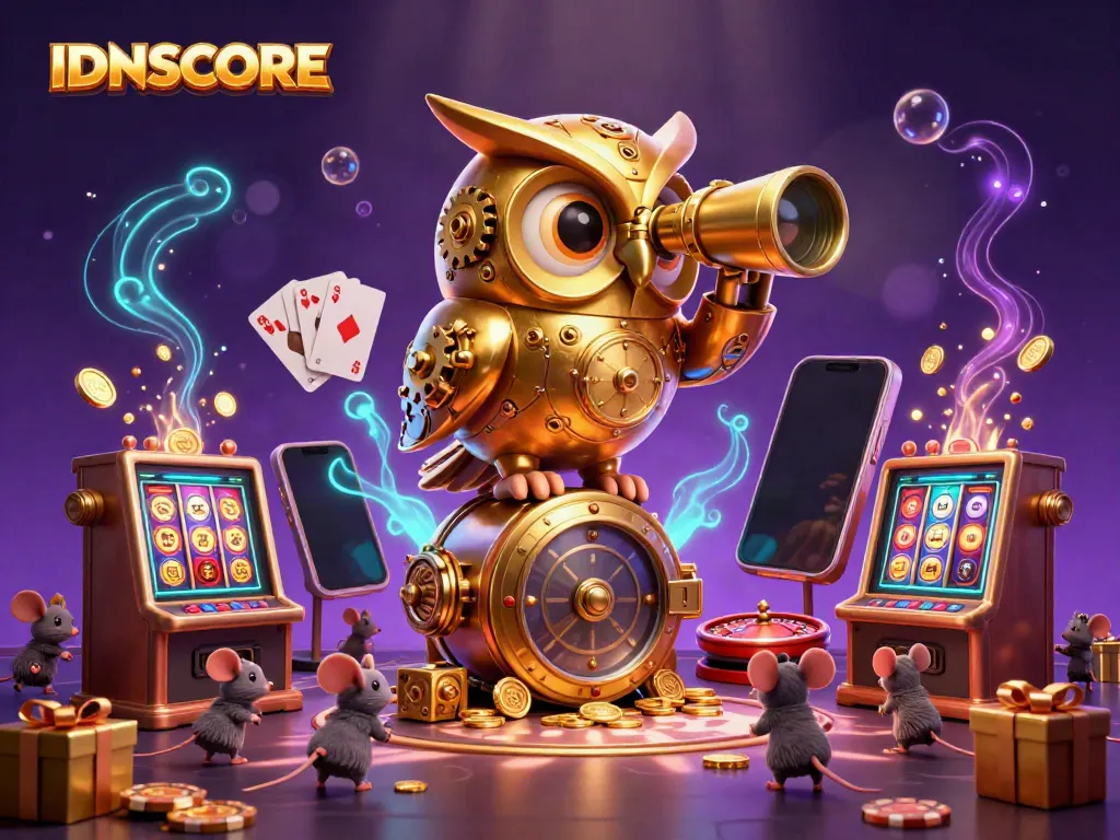 Experience IDNSCORE's vibrant casino atmosphere with golden owl and lively gaming elements.