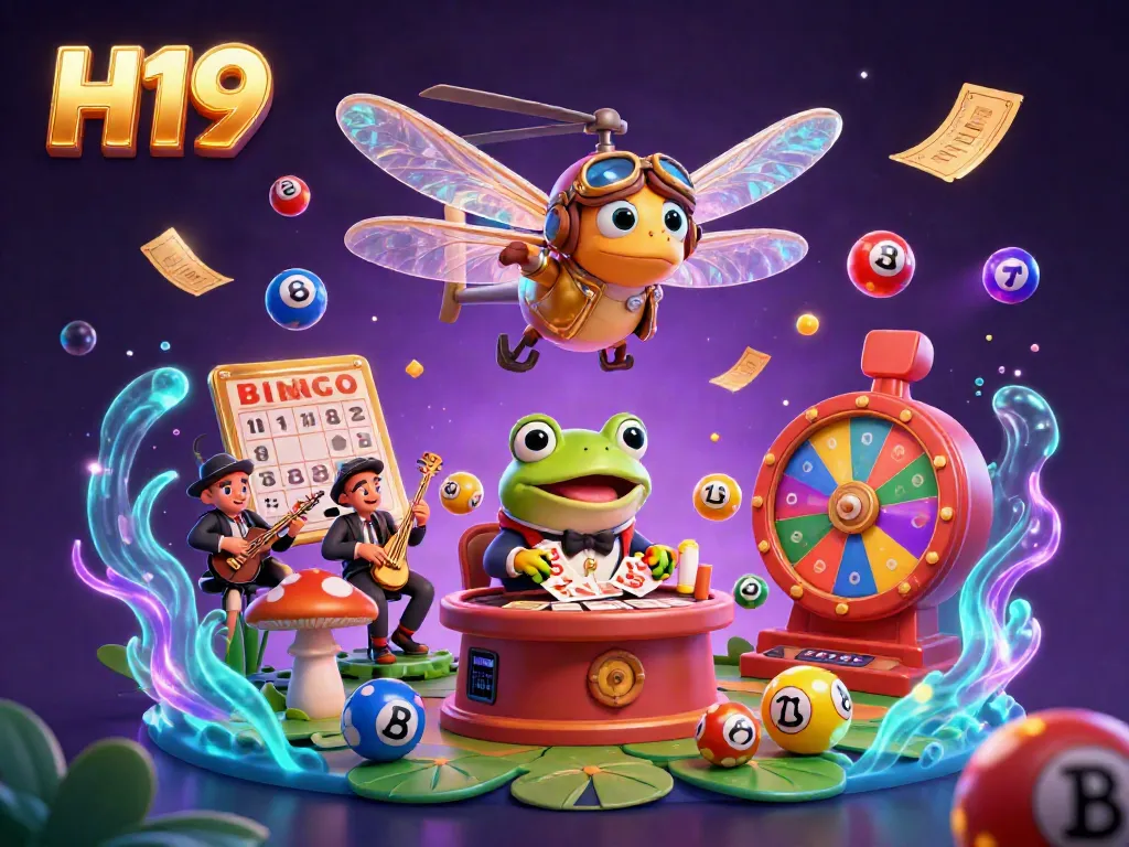Engage with H19's lively casino scene featuring a frog croupier and dynamic lottery elements.