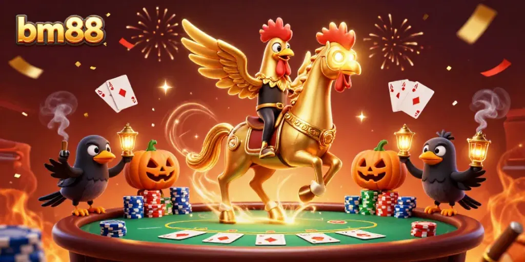 Experience thrilling gameplay at bm88, featuring a golden rooster and pumpkin-headed crows in a vibrant casino.
