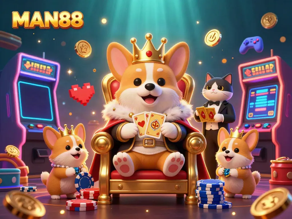 Experience the royal charm of MAN88 with vibrant casino scenes filled with playful characters and rich gaming elements.