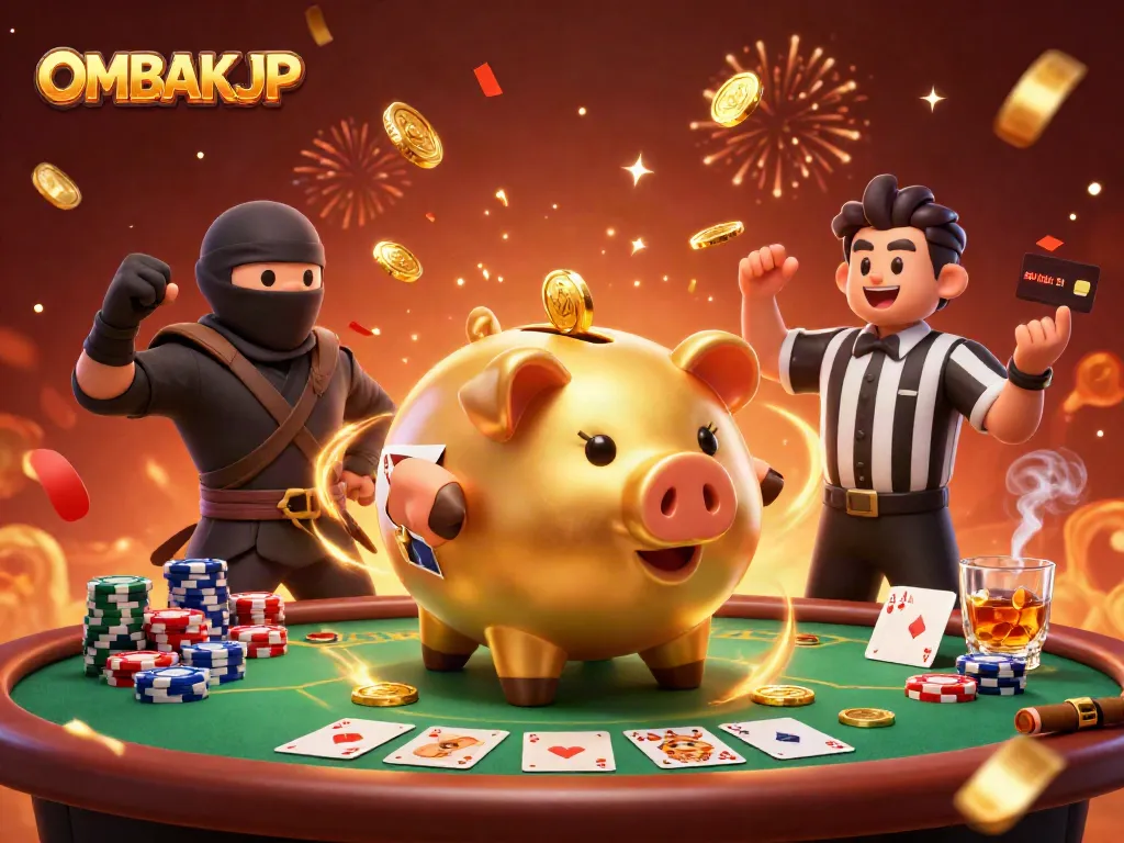 Experience thrilling action with OMBAKJP as the sumo banker stomps celebrating wins in a vibrant casino.