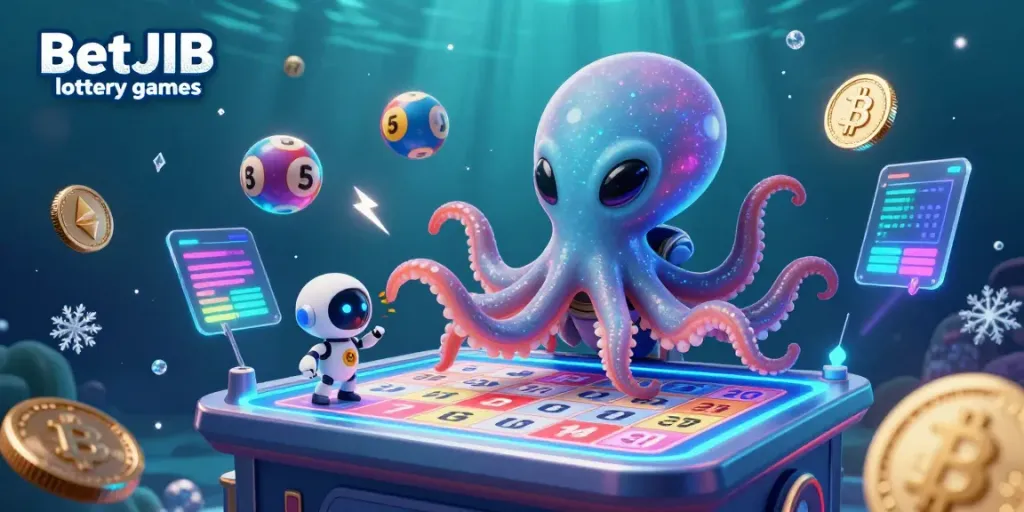 Experience BetJDB lottery games with a vibrant alien scene featuring a lottery game table, Bitcoin, and Ethereum coins.