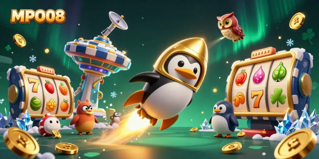 MPO08 showcases a golden penguin flying towards a casino, surrounded by dynamic slot wheels and gold coins.