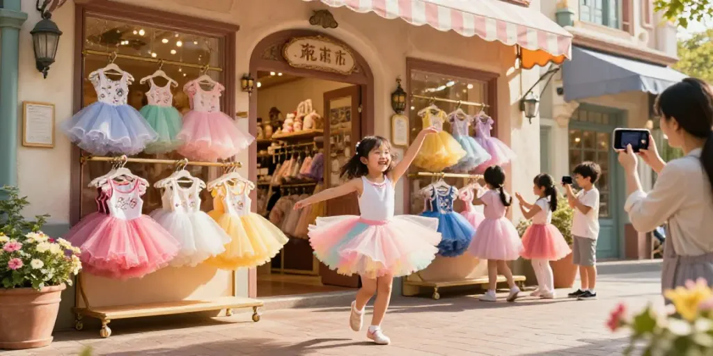 Excited child twirling in a colorful tutu outside a charming tutu store, capturing joyful shopping moments.