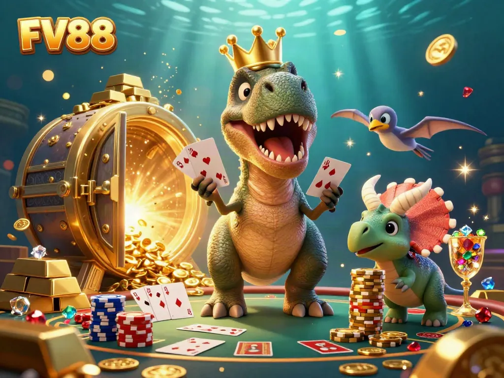Engage with FV88's vibrant casino scene featuring a T-Rex, a pterodactyl, and a triceratops.