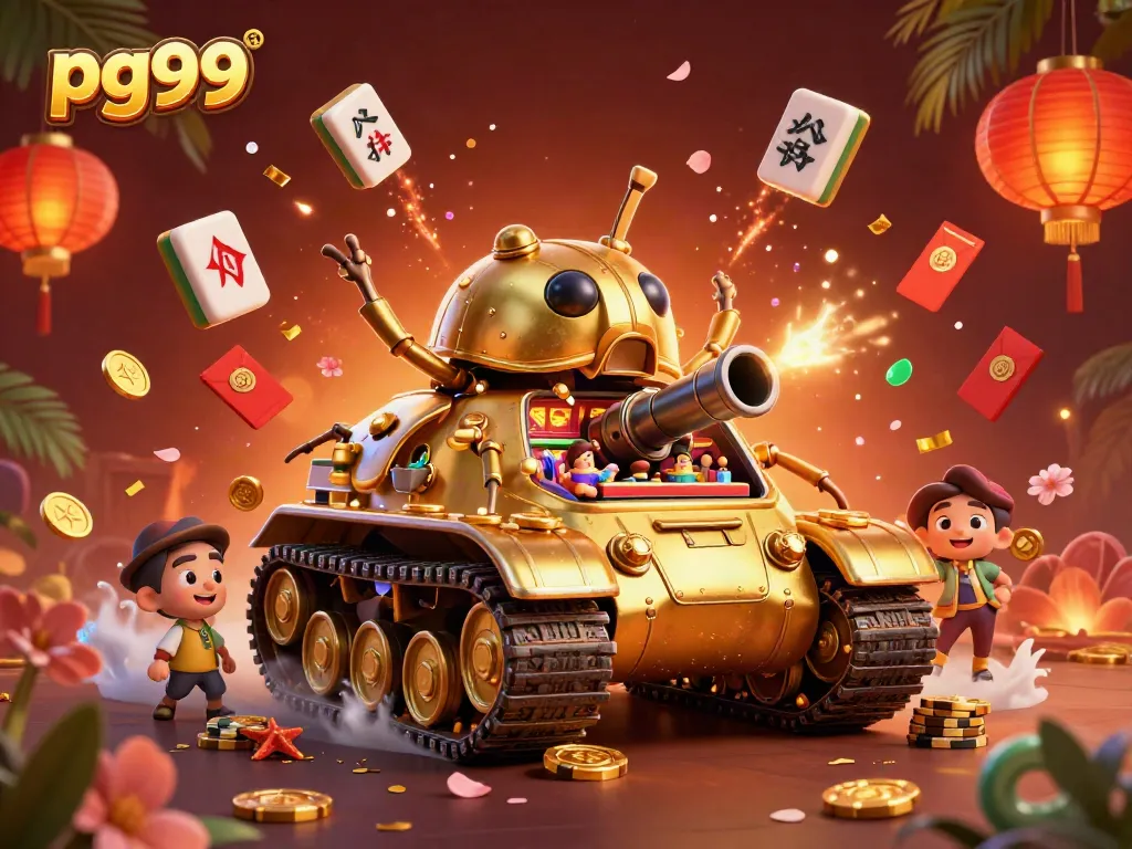 Engage with pg99's vibrant casino atmosphere featuring a golden beetle tank and dynamic game elements.