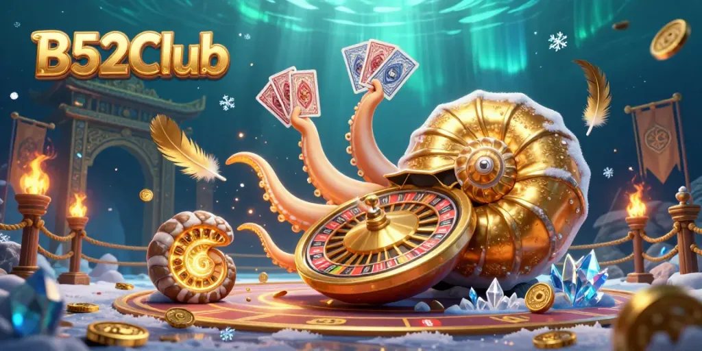 B52Club presents an engaging gambling scene with an ancient nautilus roulette wheel and glowing companions surrounded by dynamic game elements.