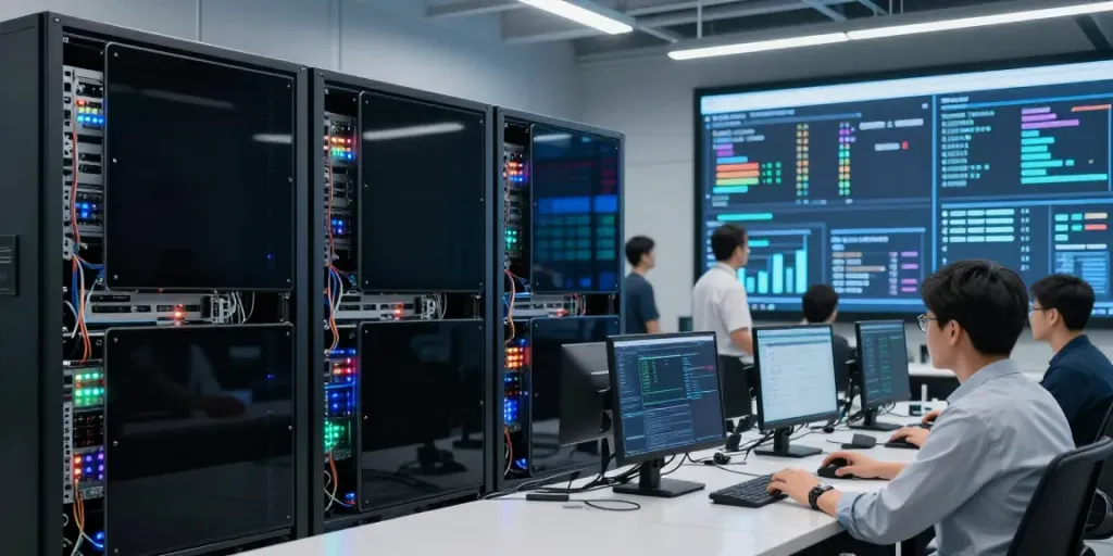 Engineers collaborating in an AI infrastructure data center, showcasing advanced GPU workloads and technology.