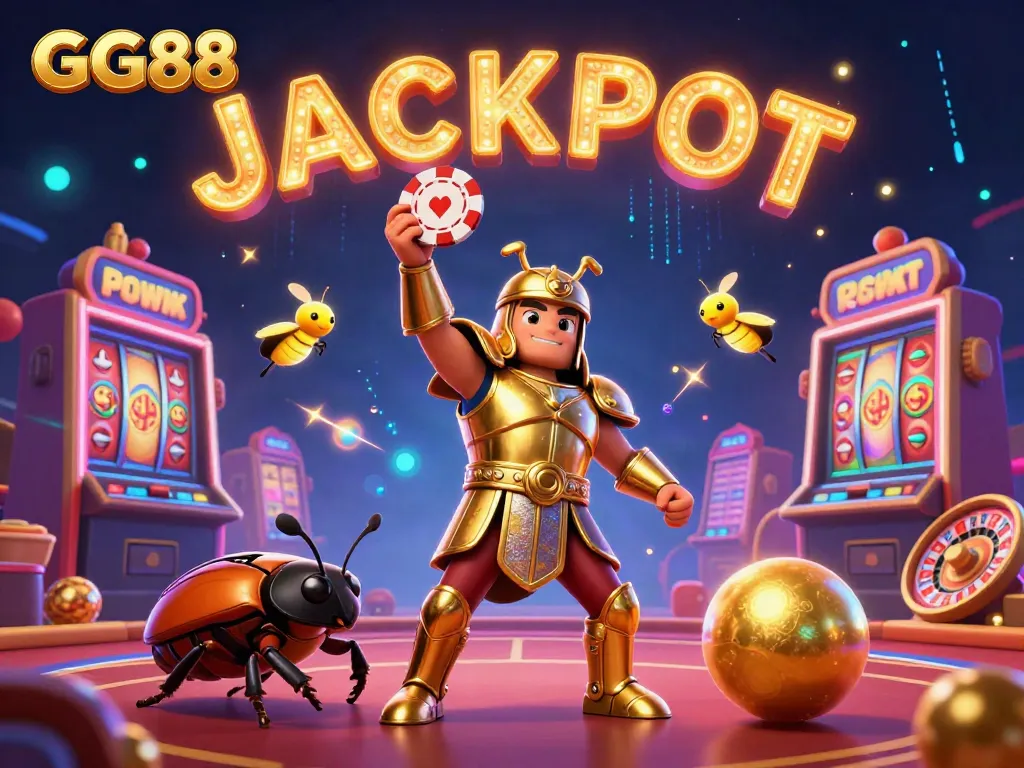 Experience the thrill of GG88 with a dynamic 3D casino scene featuring cartoon characters celebrating a jackpot victory.