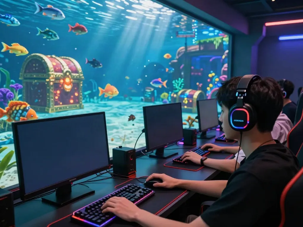 Competitive player immersed in the vibrant world of lại là Bắn cá đổi thưởng, focused on a colorful screen filled with animated fish.