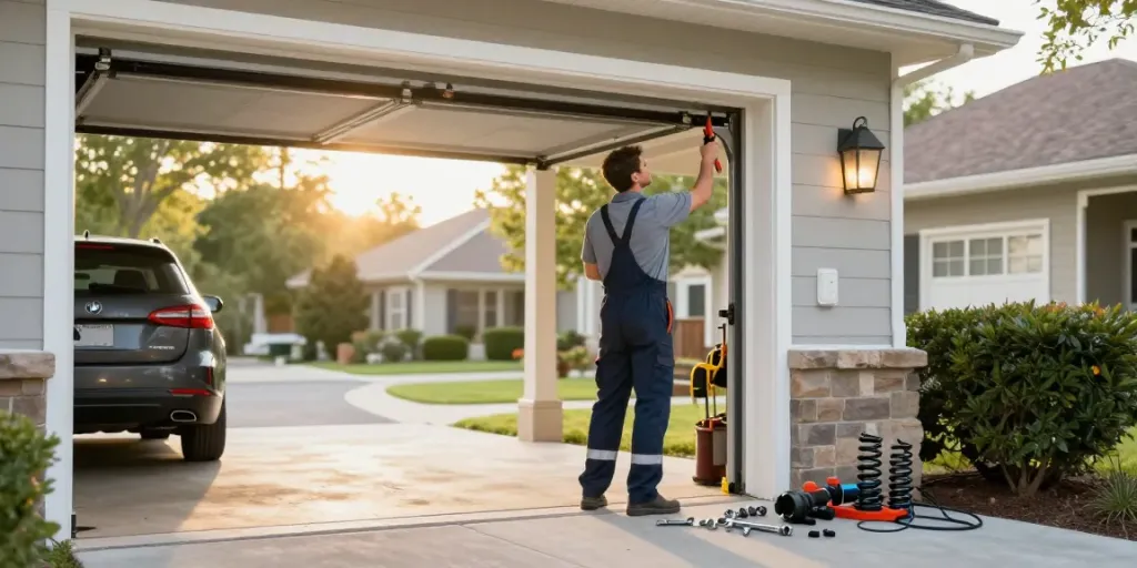 Garage door repairman inspecting a malfunctioning garage door with tools nearby.