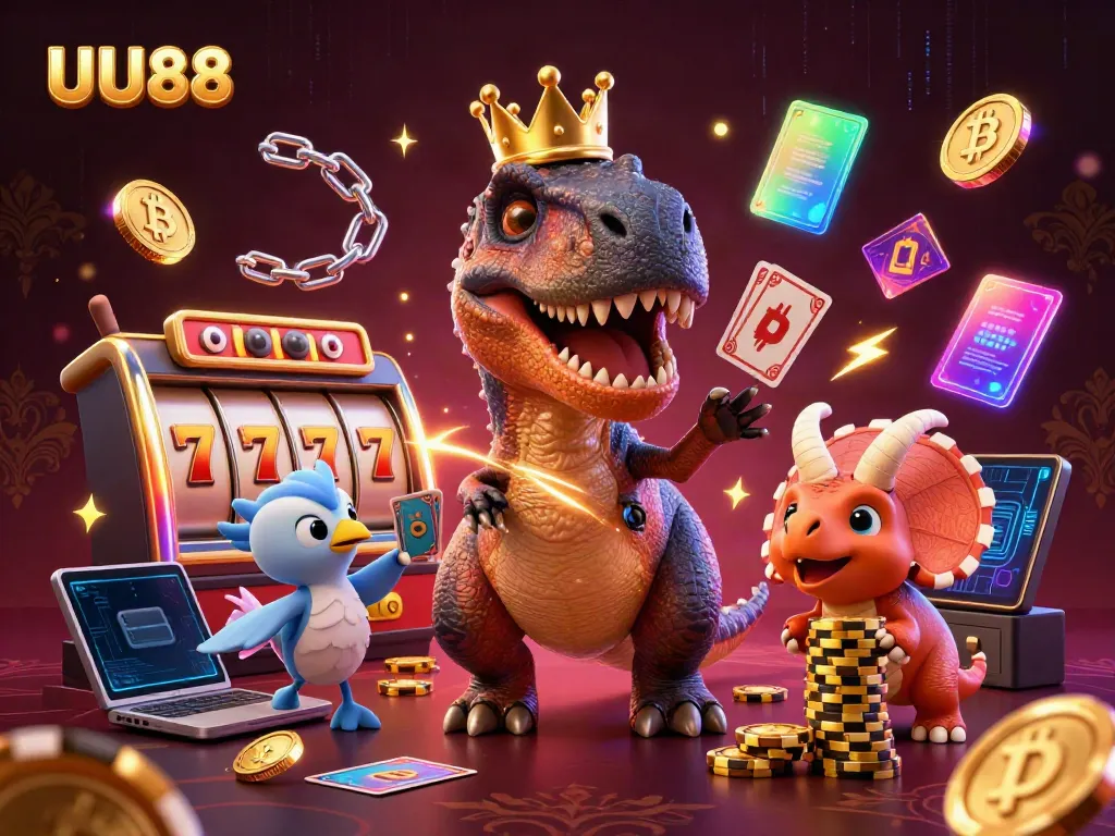 UU88 showcases a lively casino scene with a T-Rex shuffling cards and vibrant slot elements.