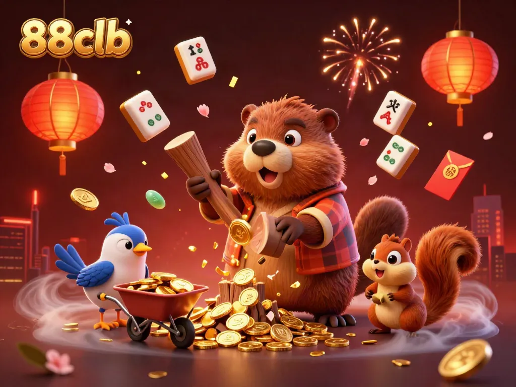 Experience excitement with 88clb as a beaver celebrates wins amidst a gold coin shower.