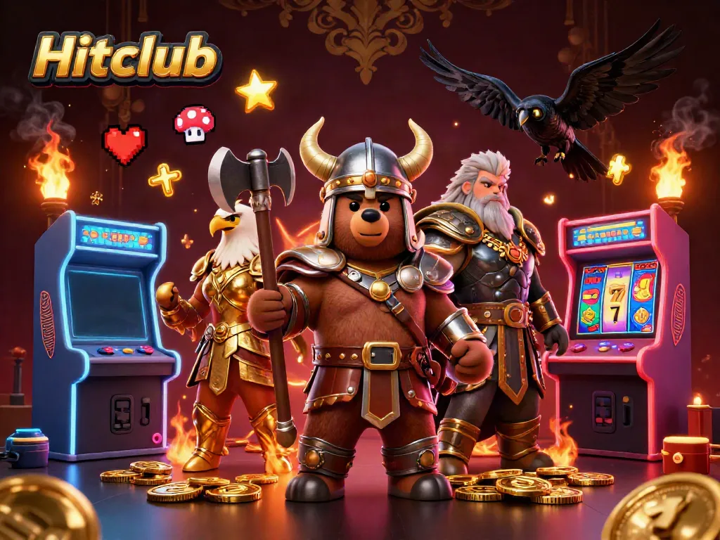 Engage with the vibrant Hitclub casino world featuring a Viking bear and Valkyrie, surrounded by dynamic game elements.