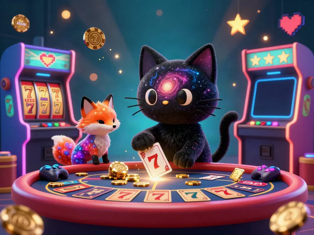 B52CLUB cat at a cosmic casino table, showcasing vibrant slot machines and game elements.