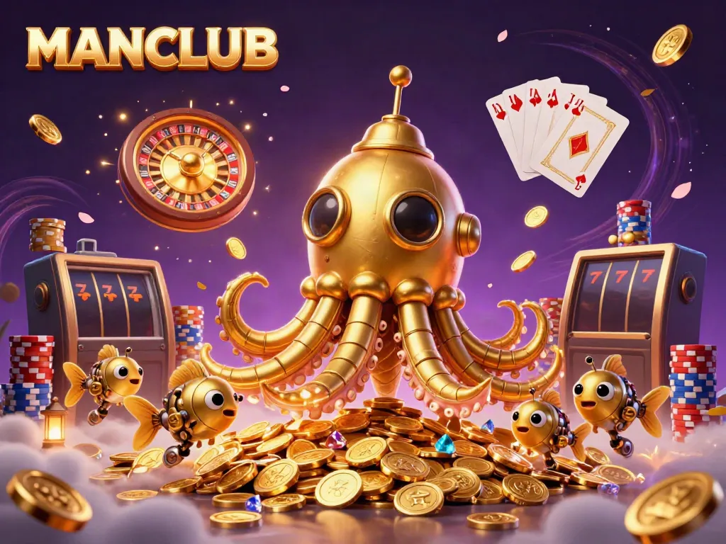 Experience the thrill of MANCLUB with a golden kraken submarine amidst a whirlwind of casino riches.