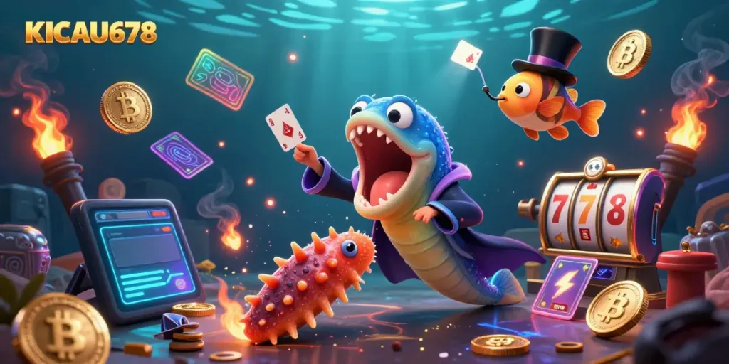 Experience exciting gaming with KICAU678 featuring a magical underwater scene full of vibrant casino elements