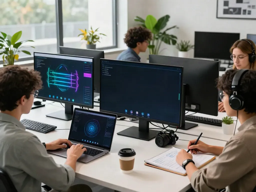 Deepfake protected Online Video Calls featuring a diverse team in a tech workspace during a virtual conference with security software.