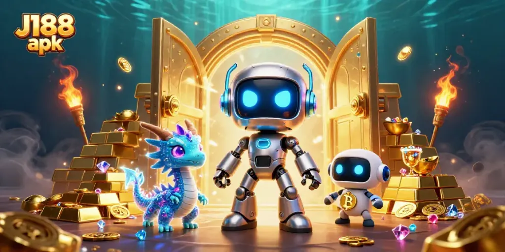 Experience thrilling gaming adventures with J188 apk – a dynamic illustration showcasing cyberpunk charm and casino treasures.