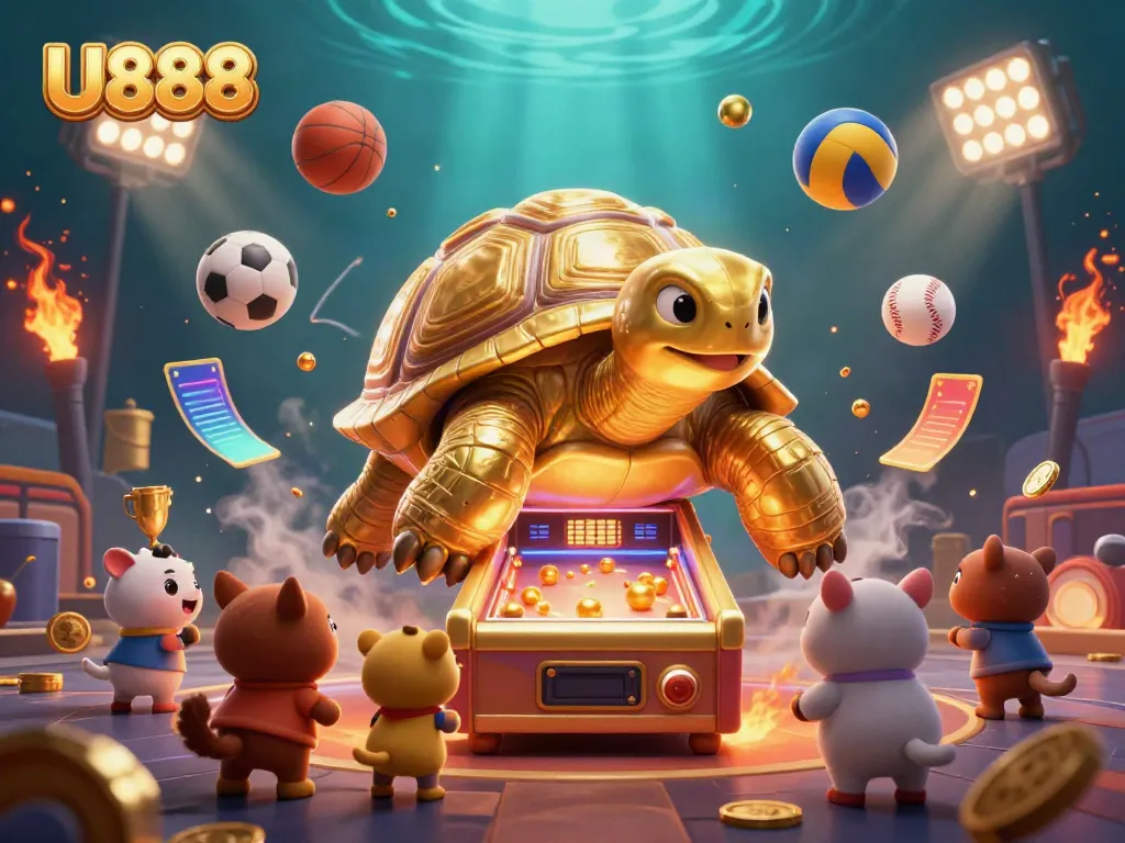 Experience unique gaming thrills with U888 as golden tortoise and animals engage in dynamic wagering fun.