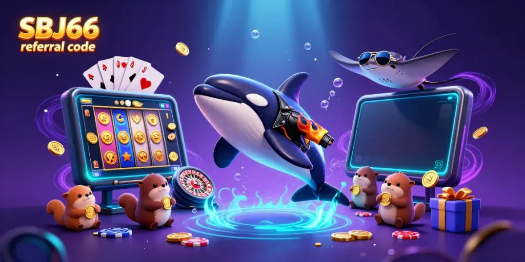 Join the action with the SBJ66 referral code, featuring fun and vibrant characters in a rich casino scene filled with bonuses and games!
