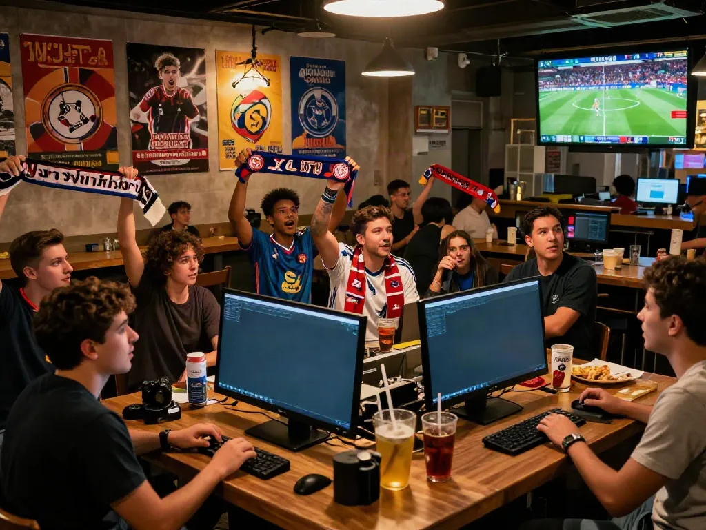 Fans enjoying ข่าวซื้อขายนักเตะ updates in a lively sports bar with excitement and team spirit.