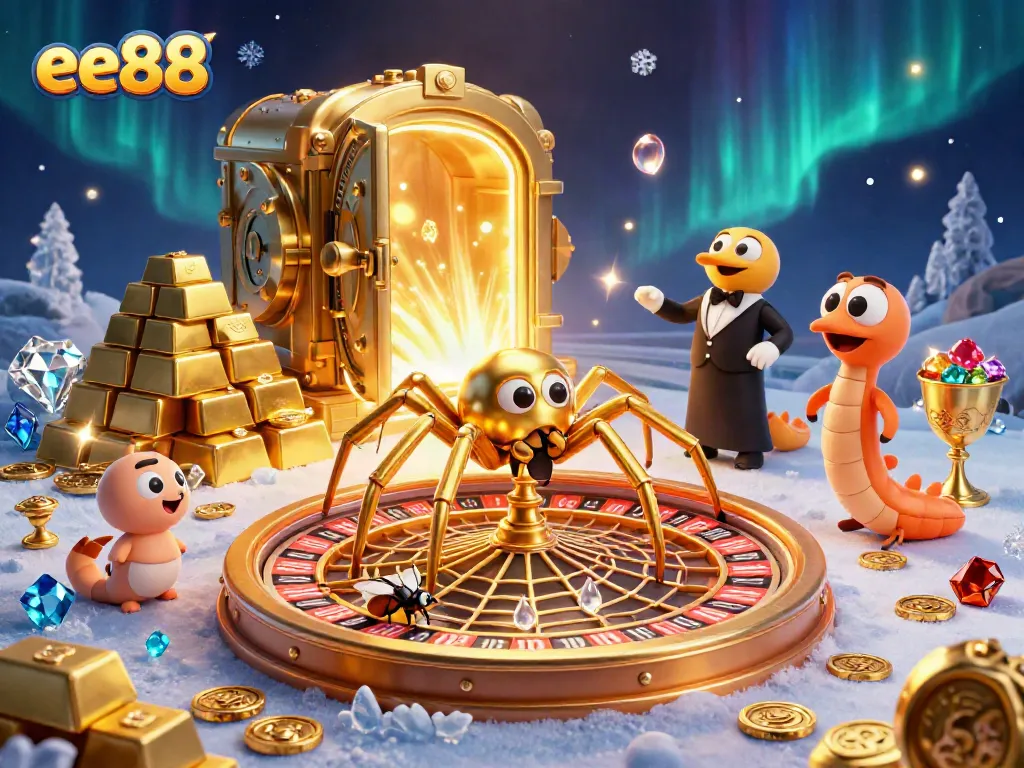 Experience thrilling bets at ee88 with a dynamic illustration featuring a golden roulette wheel and cartoon characters.