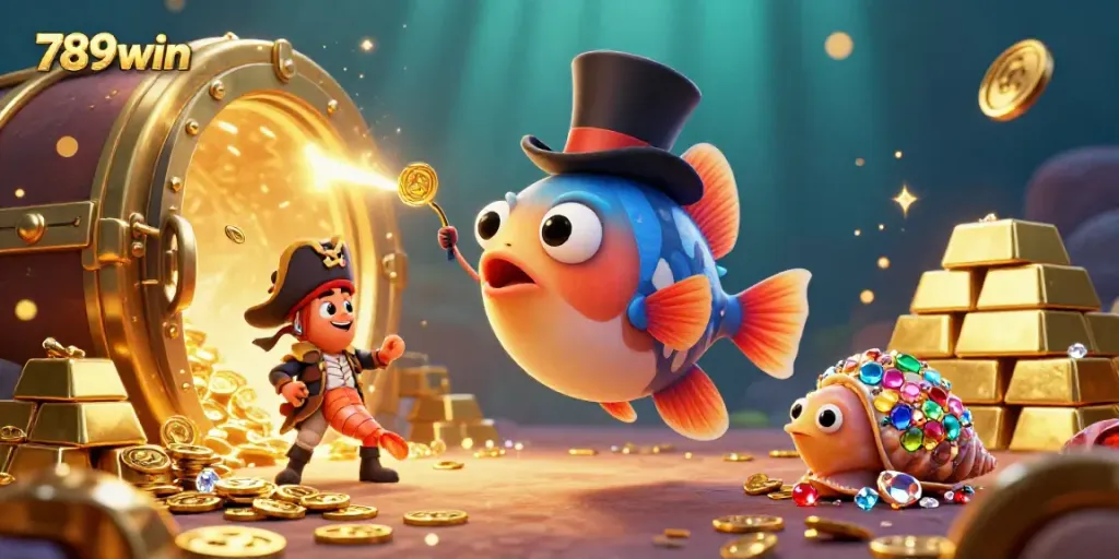 Experience thrilling wins at 789win, with a scene of playful characters surrounded by treasure and gold.