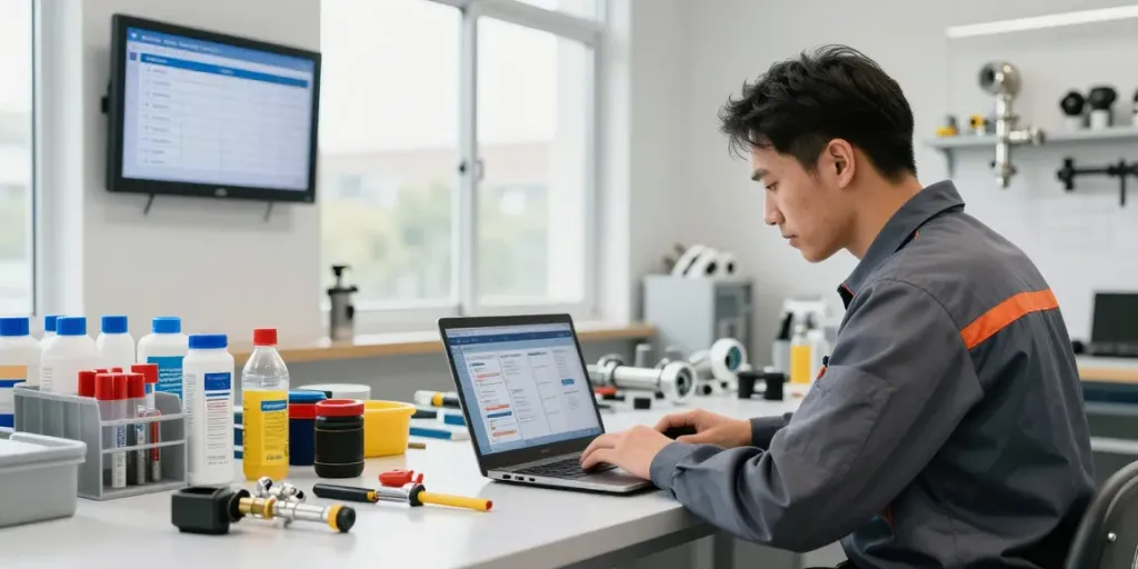 Plumbing Business Software in use by a professional plumber managing job orders in a modern workshop.