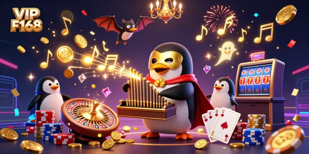 Engage with VIP F168 in a vibrant 3D casino scene showcasing dynamic characters and elements.