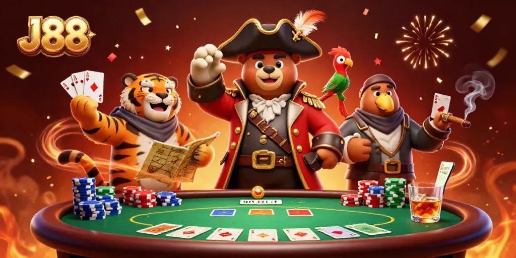 Engaging scene depicting J88 with a pirate bear, tiger first mate, and treasure elements in an animated casino environment.