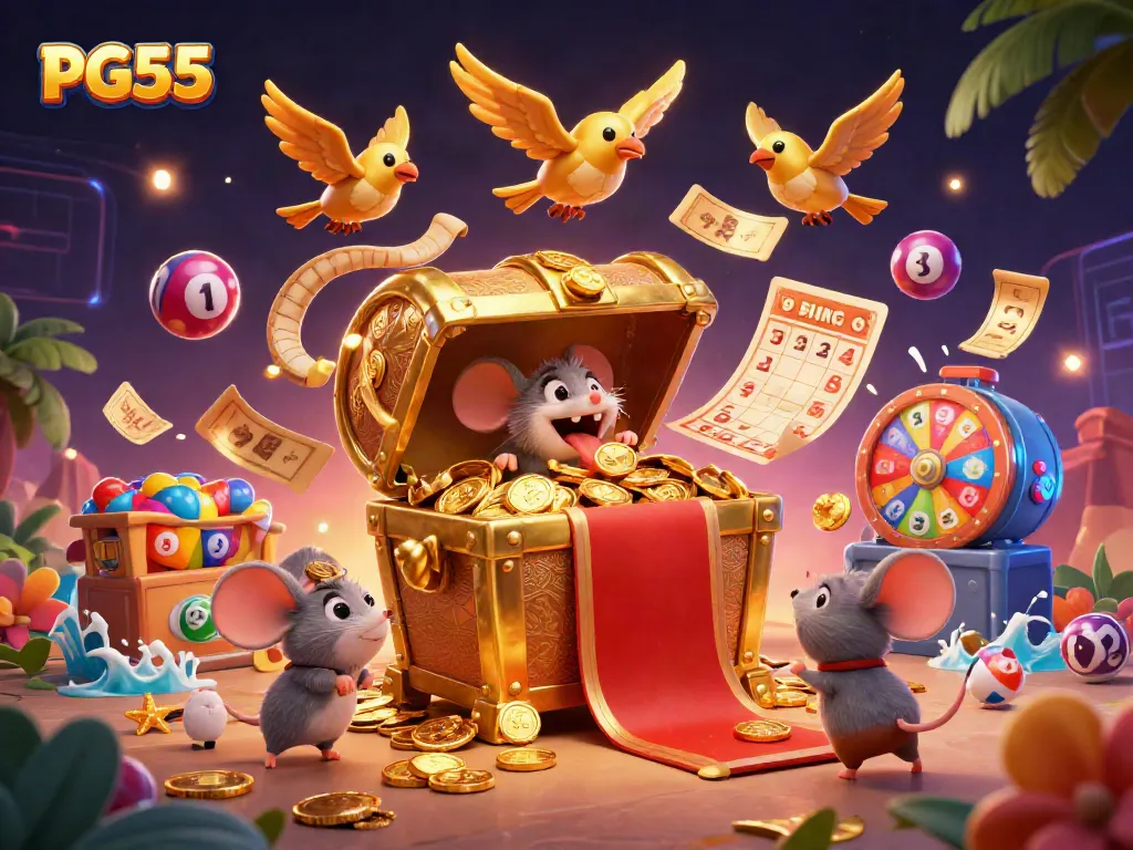 Engage in thrilling PG55 casino adventures with a vibrant 3D illustration featuring exciting game elements.