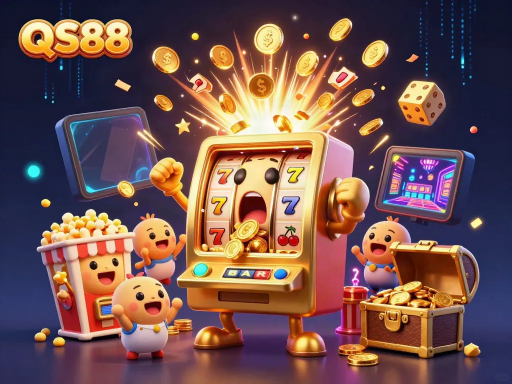 QS88 jackpot scene with animated slot machines celebrating a luxurious casino experience