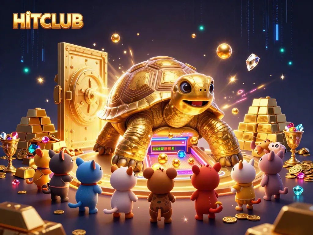 Engage with the HITCLUB experience, where excitement meets golden treasures in a vibrant casino illustration.