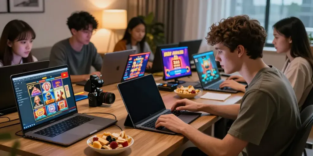 Permainan online pohon4d dengan pemain antusias menggunakan berbagai perangkat di ruang tamu yang nyaman.