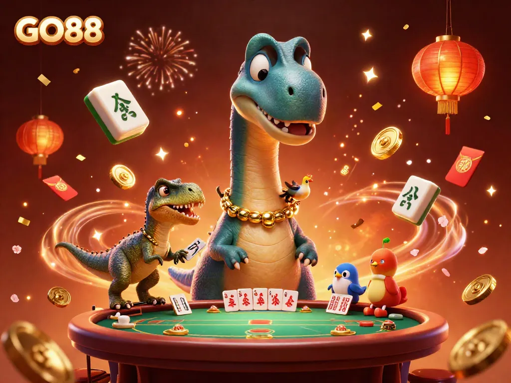 Engage with GO88's thrilling casino experience featuring a giant brontosaurus and vibrant gaming elements.