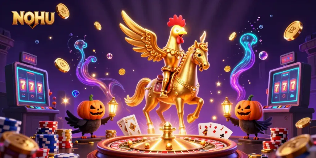 Experience thrilling wins at NOHU with a golden rooster character amidst cascading coins and vibrant game elements.