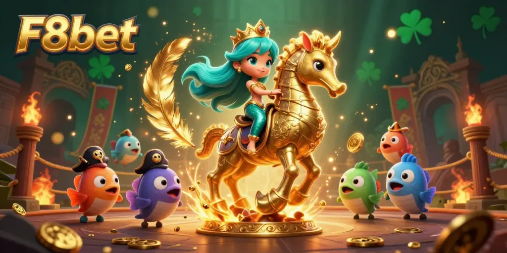 Engage with F8bet's vibrant 3D casino world, showcasing a mermaid princess and her magical seahorse.