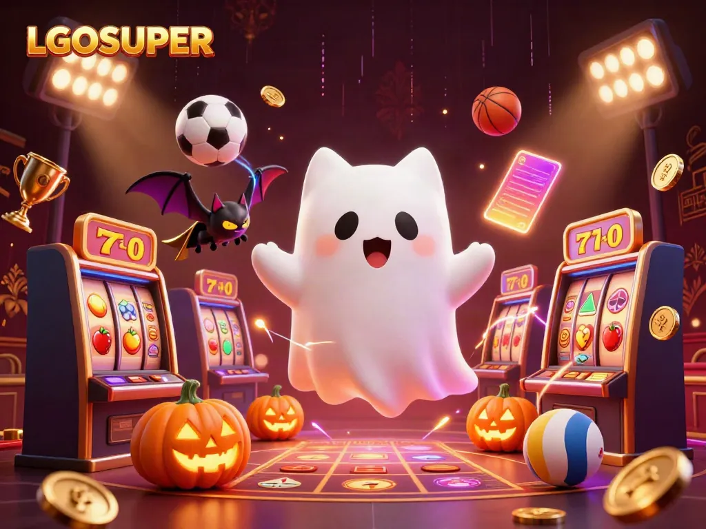 Engaging scene with LGOSUPER characters amid slot machines, trophies, and glowing elements.