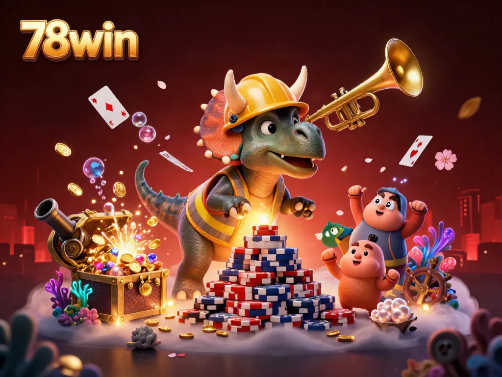 Experience vibrant gaming action with 78win's lively casino scene featuring fun characters and treasures.