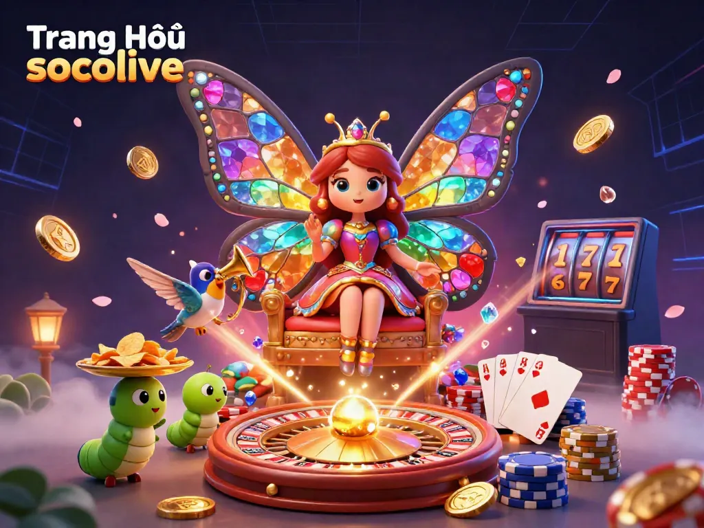 Engage with the vibrant entertainment offerings at Trang Chủ socolive featuring a colorful animated scene with a butterfly queen and casino elements.