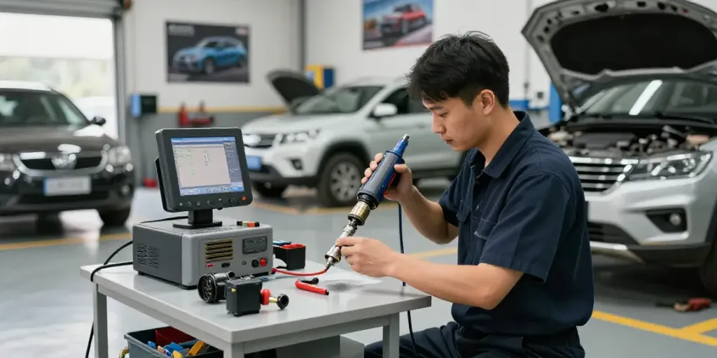 Expert technician performing DPF reinigung hannover in an automotive workshop.