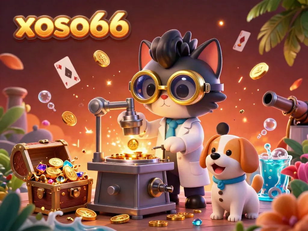 Experience exciting gameplay with xoso66, featuring a mad scientist cat and loyal dog amidst gold coins and underwater treasures.