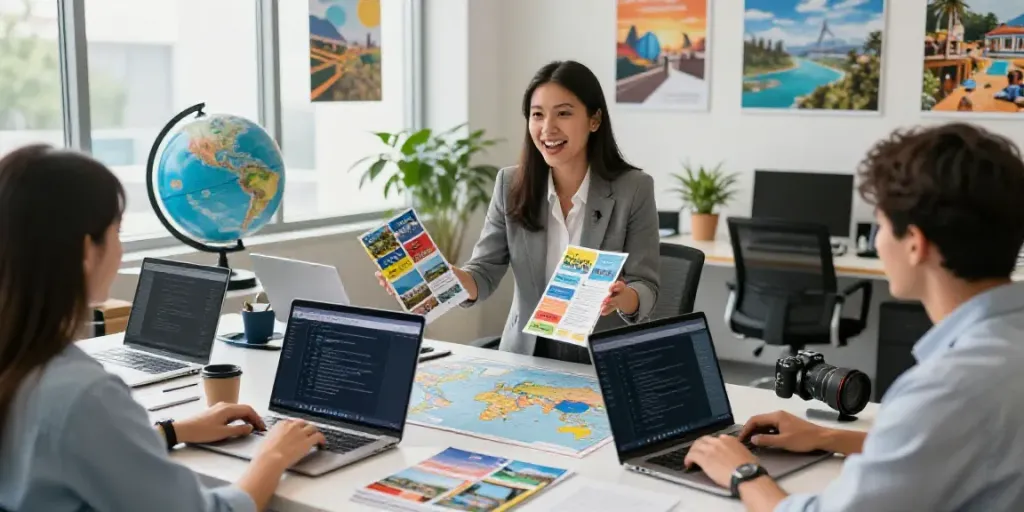AI copywriting for travel businesses scene in a lively travel agency, showcasing client interaction.