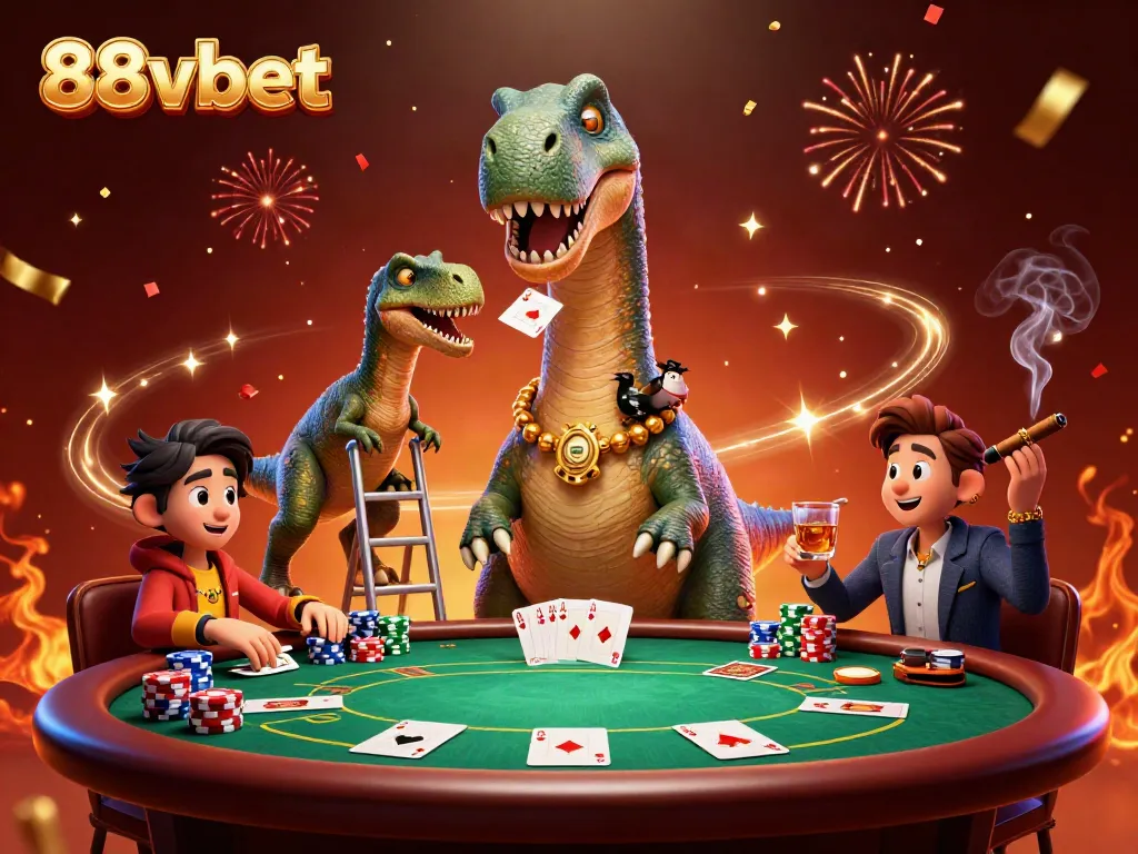 Experience exciting poker action with a huge 88vbet dinosaur dealer amidst vibrant casino elements.