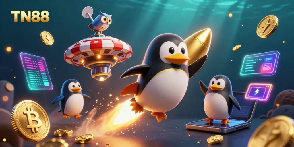Experience TN88 with a dynamic 3D illustration featuring a golden penguin and cryptocurrency elements in a casino-themed space.